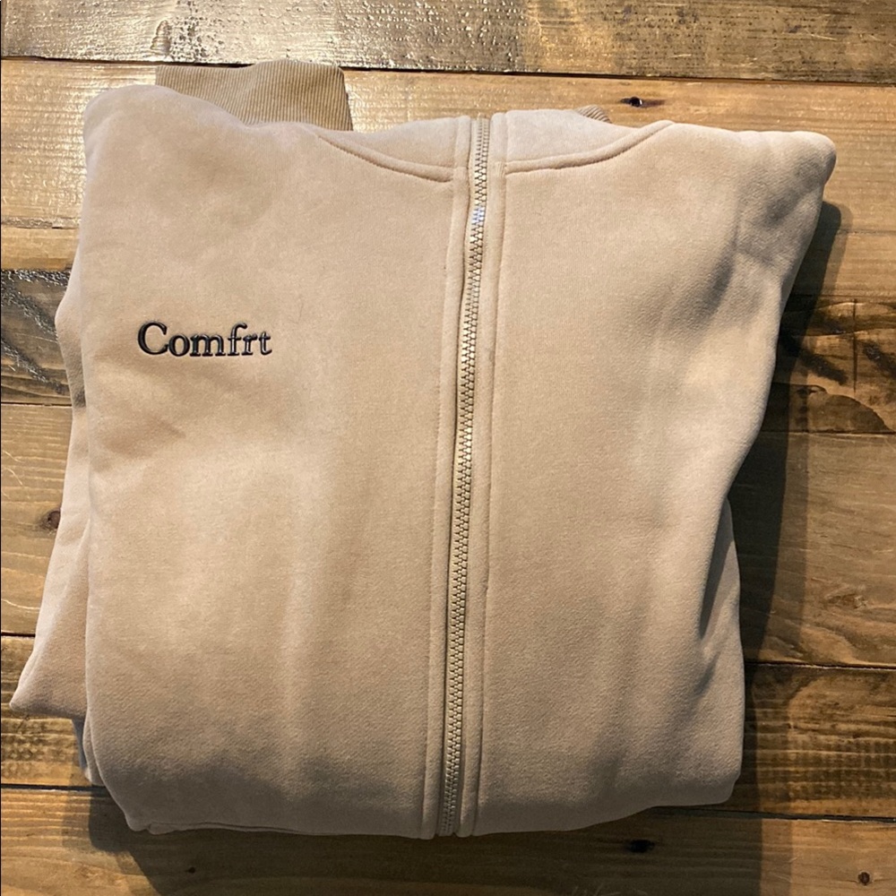 Tan Cozy Zip-Up Hoodie with Comfrt Embroidery